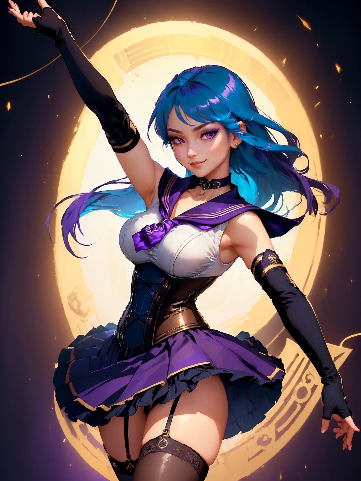 masterpiece, high quality, standing, 1_women, (upper body), (dancing), (((looking at viewer))), (bright blue hair), medium length hair, cute bangs, flowing hair, (exotic skin_complexion:1.4),mature, tall, diamond shaped eyes, (((purple eyes))), dark_eyeliner, long_eyelashes), (hands up), (purple fingerless_gloves), beautiful, exotic, elegant, slim, (((sailor collar))), black thigh highs, choker, medium bust, (brown steampunk corset), black Lolita style skirt, knee high heel with laces, (sleeveless), natural dynamic lighting, ((smirking)), steampunk, dark nightclub, laser lights, spot lights,