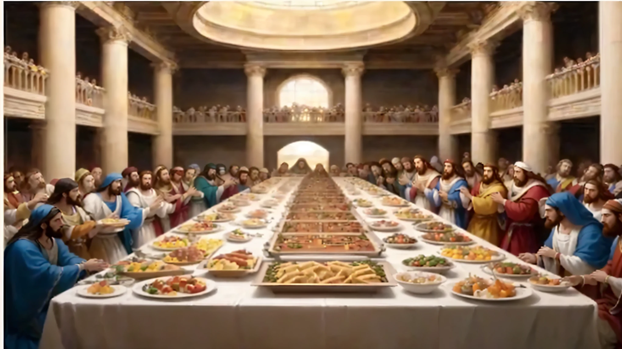 arafed image of a large long table with many people eating, called 'the last supper', !!posing_as_last_supper, last supper, last supper composition, the last supper, last supper realistic robot, the last supper painting, palatial scene, incredible masterpiece, in a high renaissance style, jesus wasted at a , david la chapelle