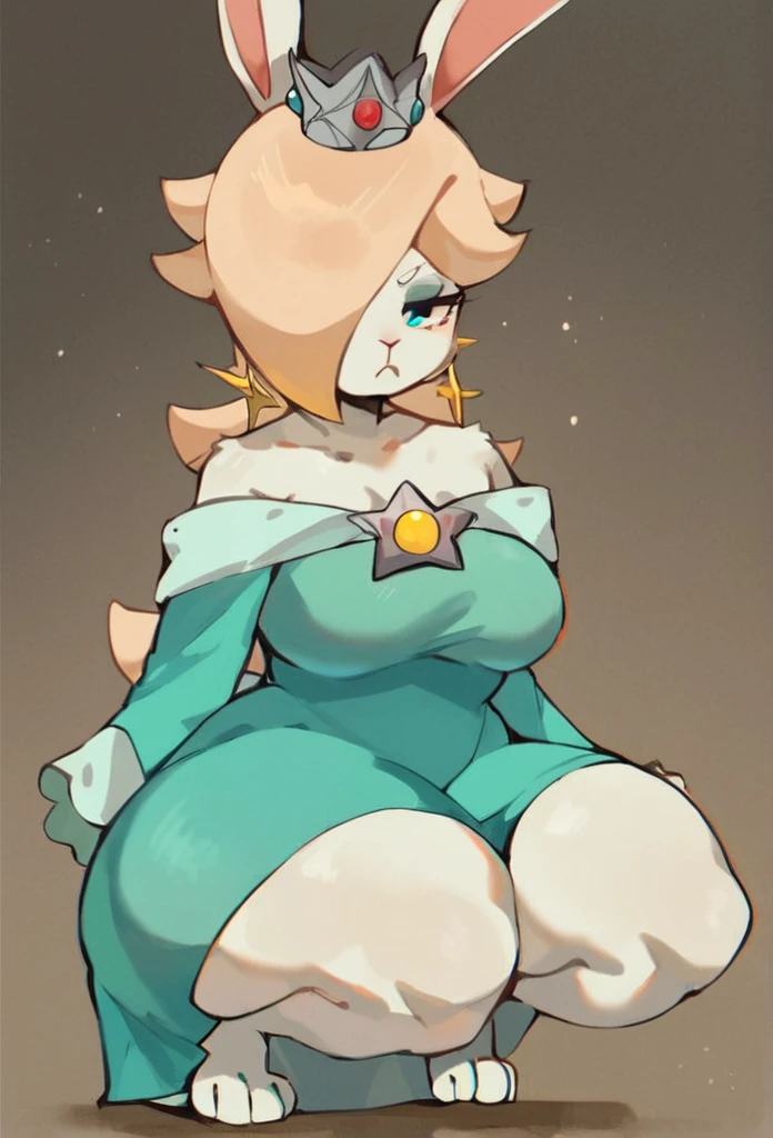 score_9, score_8_up, score_7_up, score_6_up, score_5_up, score_4_up, rating_safe, ((anthro, source_furry,furry,fur,Princess Rosalina, ((Rabbit,)) ((White fur)), ((white body,))solo, blue dress, unamused expression,thick thighs,cel shading,big breasts,crouching))++