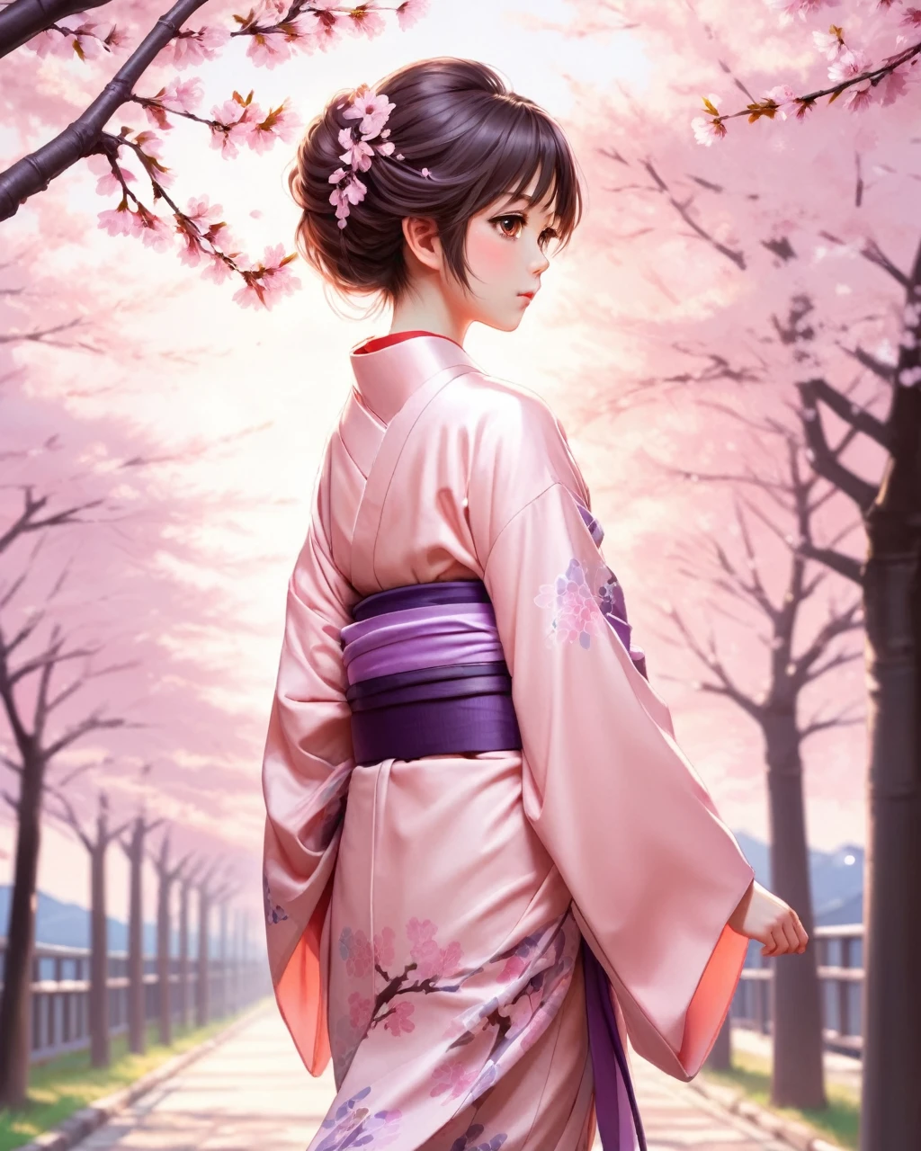 Anime Style 1 Girl, The background is a row of cherry blossom trees, Light pink kimono with purple obi,Looking back at me, The sunlight is soft, .,masterpiece, Highest quality,