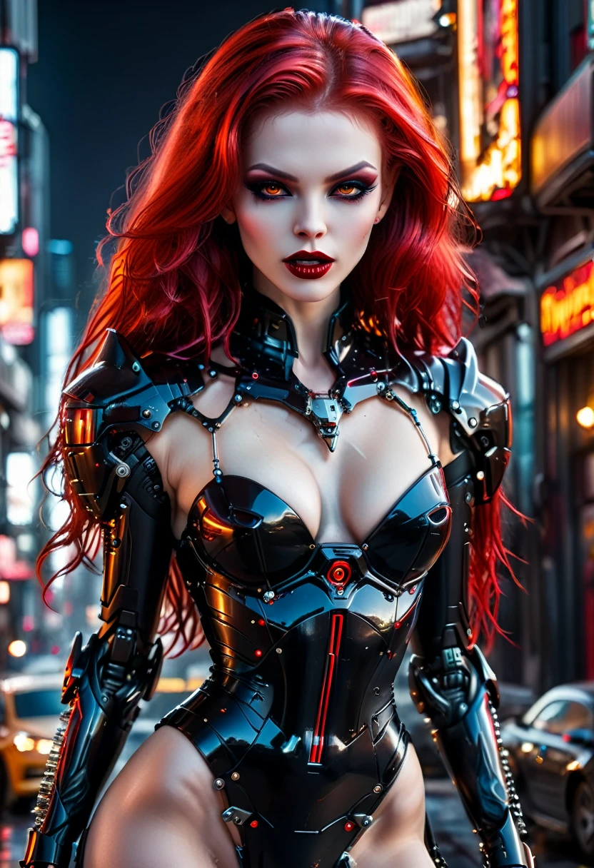 ((a photorealistic glamour shot of an exquisite, glamour mecha female vampire: 1.5)), ((full body: 1.3)), ultra feminine, pale face, red hair, long vibrant shiny hair, glamorous hair,  red eyes, miniatures mechanical , deep penetrating eyes, red lips, lustful lips, ((two visible vampiric fangs: 1.5), drops of blood dripping from the mouth, ((cyberpunk style: 1.5)), she wears black elegant glamour dress, with small delicate mechanical, parts, digital parts,  intricate details, the dress is studded with diamonds, tight suit, dynamic color, high heels, cyberpunk street at night background, (highest quality:1.2, Very detailed, up to date, Vibrant, Ultra-high resolution, High Contrast, masterpiece:1.2, highest quality, Best aesthetics), best details, best quality, highres, ultra wide angle, 16k, [ultra detailed], masterpiece, best quality, (extremely detailed), Genetically modified..., Cinematic Hollywood Film, 