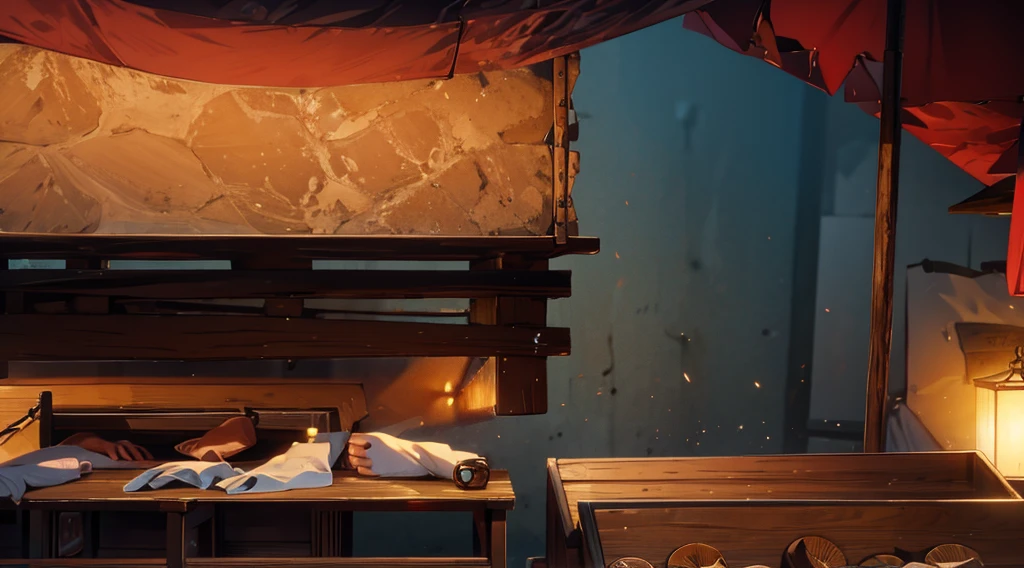 traditional market, market stall, (market tens), wooden box, wooden table, (sand ground, sand hill behind the stall), dawn time, early morning, 