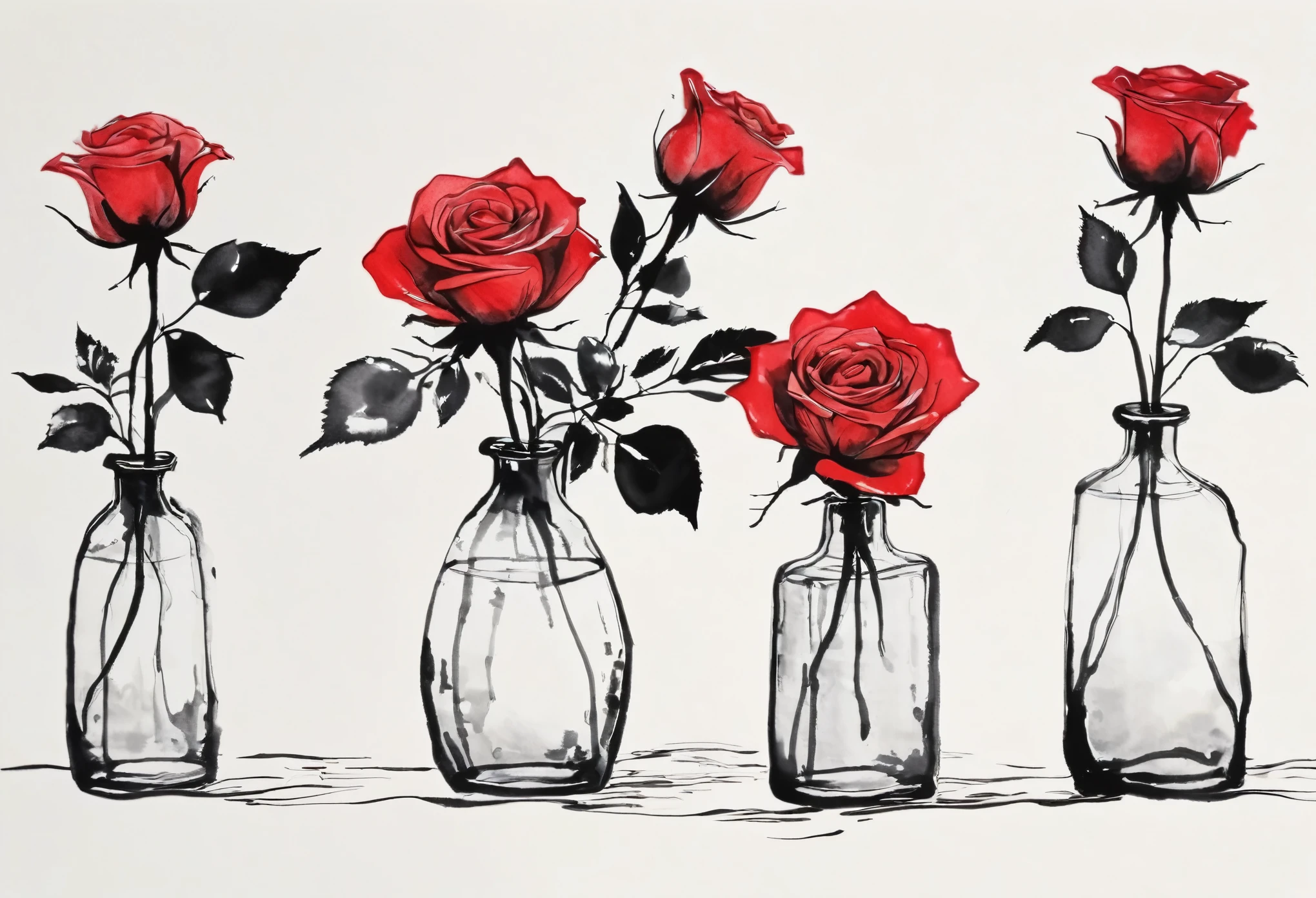 simple line image of red roses in glass vases ink splash, watercolour, minimalist illustration