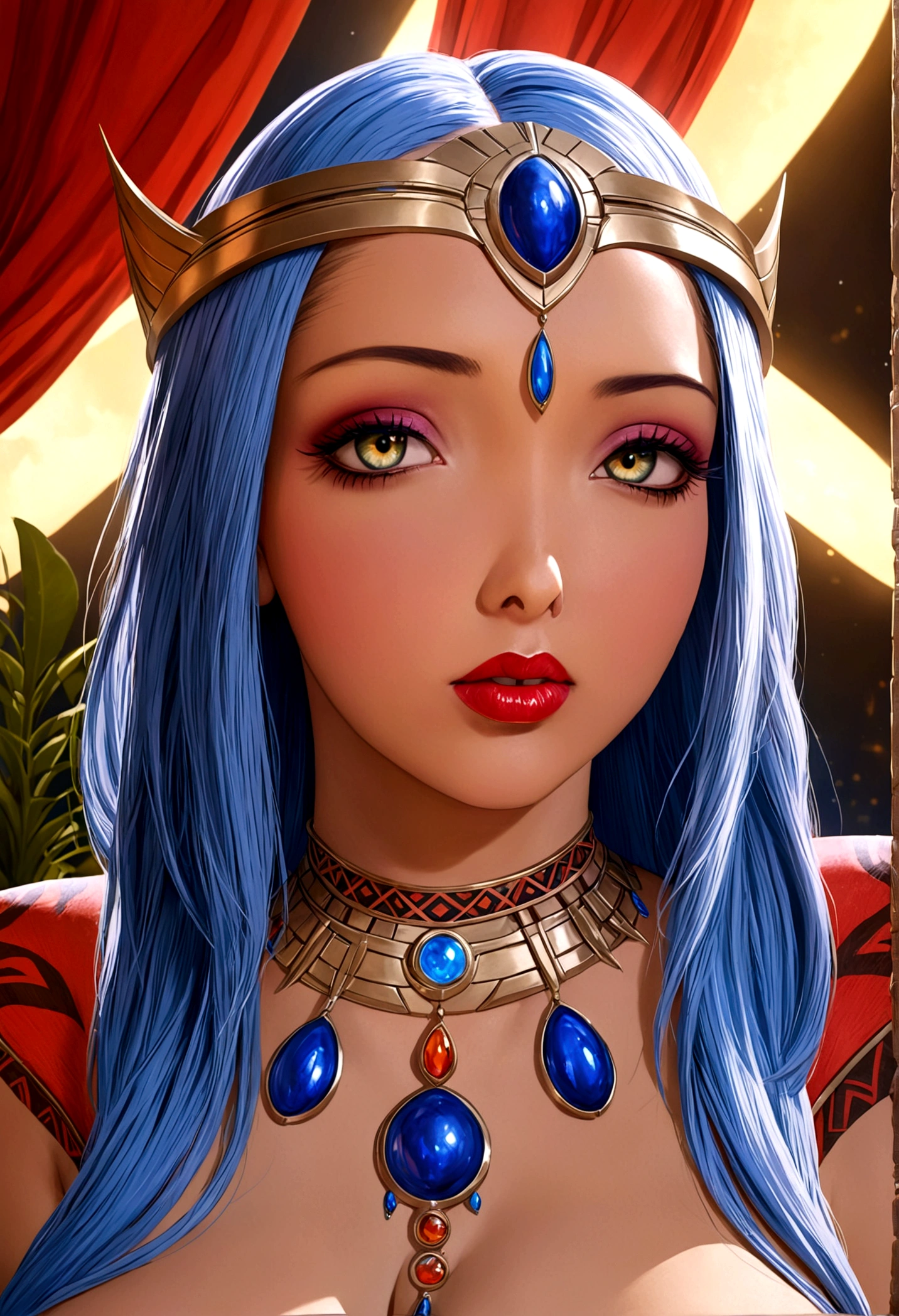 a beautiful woman alien villager, long bright color hair, sexy tribal outfit, intrigued by Flash Gordon, flirting, detailed face, detailed eyes, detailed lips, 1girl, concept art, intricate details, cinematic lighting, dramatic colors, vibrant, colorful, fantasy, science fiction, hyperrealistic, photorealistic, 8k, best quality, masterpiece (show her from head to toe, full body shown)