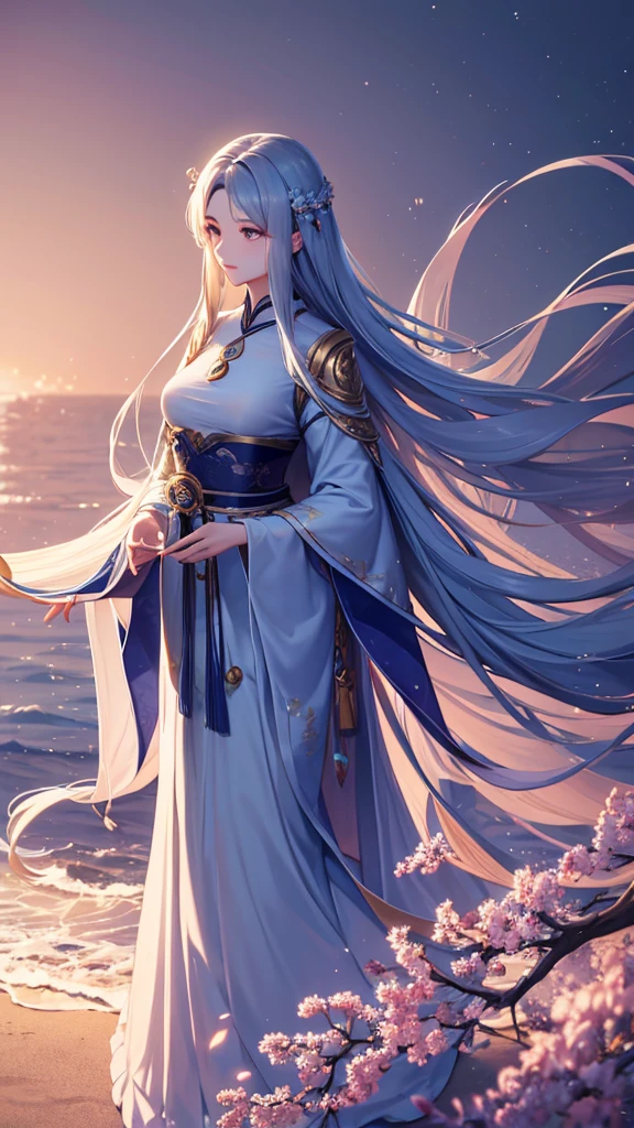 The Willow God is a mysterious and elegant being，Usually depicted as a beautiful female figure。Her figure is slender，As light and graceful as a weeping willow。Her hair is like willow branches，Floating in the breeze，Emitting a faint light。Her eyes were deep，Shining with wisdom，As if I could  the mysteries of everything in the world。 The willow god's robe flutters，Like willow leaves dancing in the wind，Her clothes are mostly green and silver.，Symbolizes nature and purity。Her face is gentle and peaceful，Showing love and kindness，It makes people feel extremely peaceful and comfortable。 Legendary，The Willow God controls the power of water and life.，Her appearance is always accompanied by the arrival of spring，Bringing vitality and hope to the earth。She is also the god who protects nature and，Guarding the river、Lakes and green forests。Her existence is like a poem，A painting，Awe-inspiring and awe-inspiring，Mother of the Forest，Big boobs。