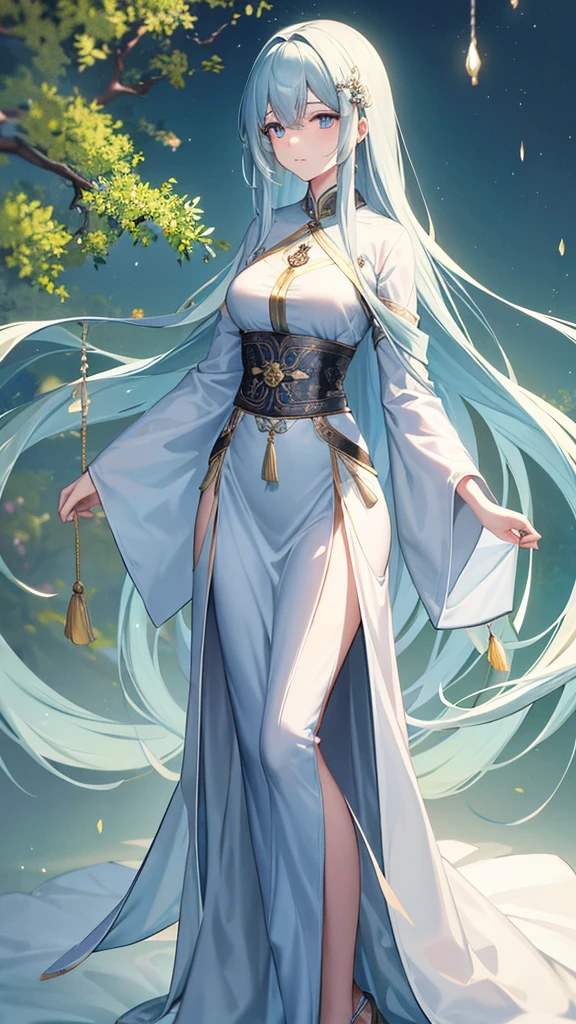 "Create a digital anime style illustration of a beautiful forest goddess。, Flowing white hair. She should wear a detailed all-over white dress decorated with leaf and floral patterns., Perfect for a fantasy theme. A glamorous woman with a clear look.The dress design does not reveal any skin., Use additional fabric or natural elements such as leaves and vines to cover. Characters should have an elegant and appearance, Look Around 2, With cool eyes and a calm expression, just increase the wide angle a little.. The background is rich, A mysterious forest woven with soft light and shining plants, Enhance the mystical atmosphere."