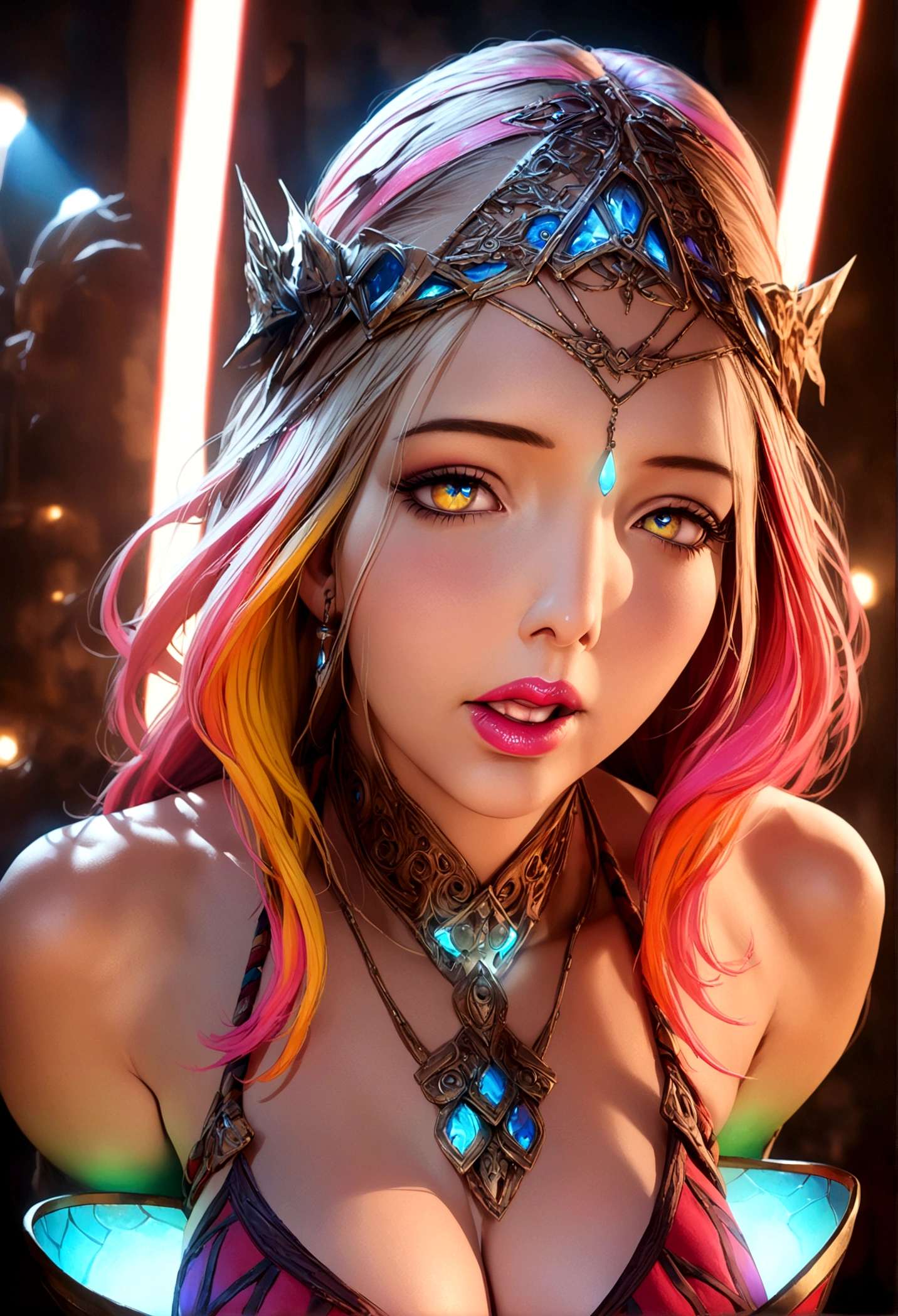 a beautiful woman alien villager, long bright color hair, sexy tribal outfit, intrigued by Flash Gordon, flirting, detailed face, detailed eyes, detailed lips, 1girl, concept art, intricate details, cinematic lighting, dramatic colors, vibrant, colorful, fantasy, science fiction, hyperrealistic, photorealistic, 8k, best quality, masterpiece (show her from head to toe, full body shown)