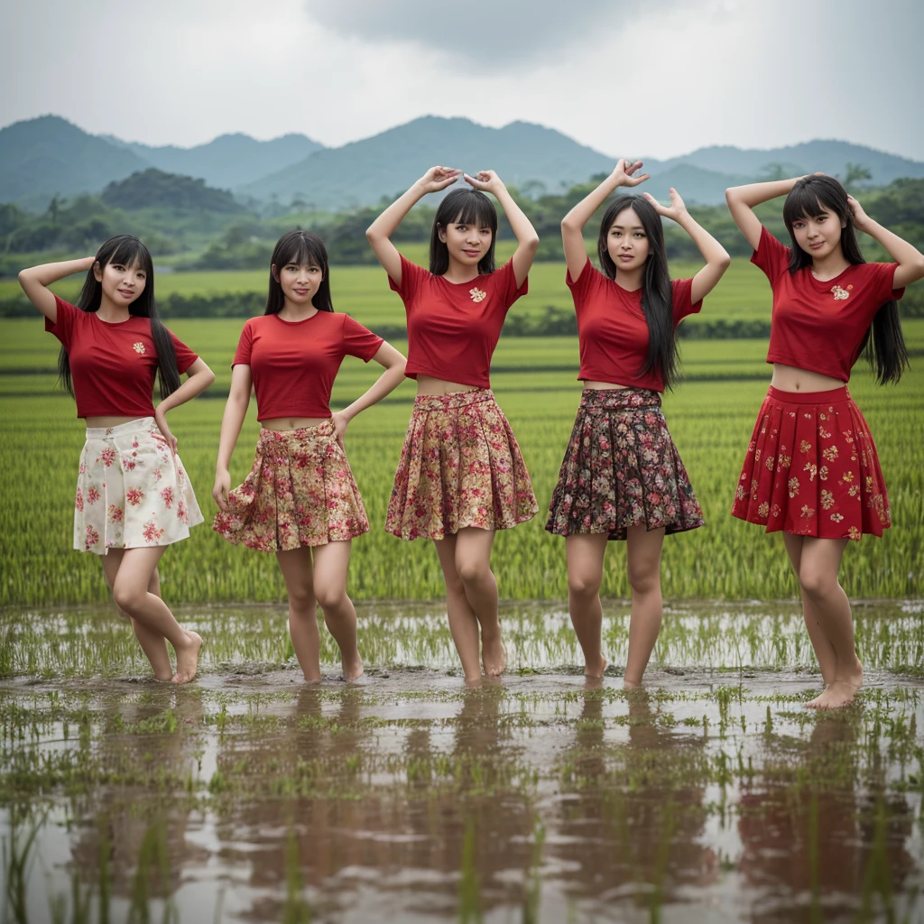 Three Thai women, aged 20, with long black hair and bangs, wearing red t-shirts and black and red floral Isan-style skirts, standing in various dancing poses, spaced apart. The background is a rainy season rice field in a realistic style, full body, 2K resolution. Enhance the beauty of the women.