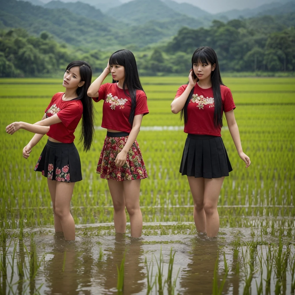 Three Thai women, aged 20, with long black hair and bangs, wearing red t-shirts and black and red floral Isan-style skirts, standing in various dancing poses, spaced apart. The background is a rainy season rice field in a realistic style, full body, 2K resolution. Enhance the beauty of the women.