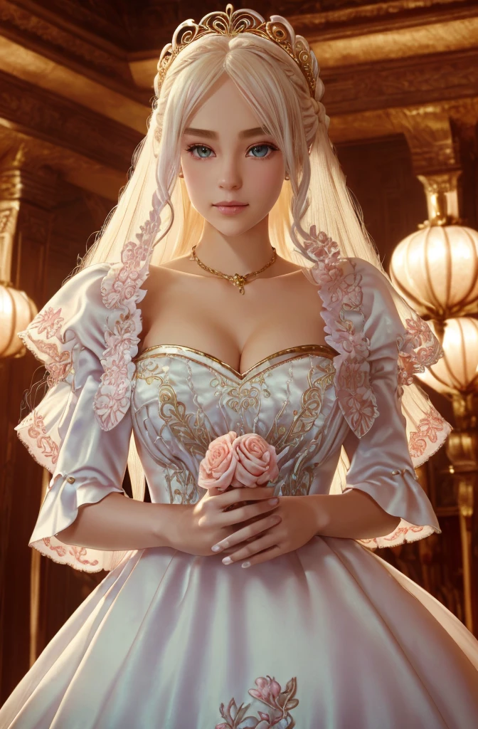 White Blonde hair, fluffy hair, stylish hair, long hair, lilac eyes, perfect eyes, beautiful, perfect face, tween, dainty , short, kind, curvy, a flowing pale airy gown with ruffles along the bottom with tiny pink flowers and gold dragon embroideries with flowers, Her tiara had a pretty teal gemstones, silver necklace, noble class, royal, royalty, red castle, feasting hall, medieval, elegant surroundings, soft dewy makeup look, light peach blush, soft tan eyeshadow, light coral lipstick, cutesy, girlish, girly, guileless, ingénue, princess , whimsical lighting, Targaryen, dragons in the sky, photorealistic
