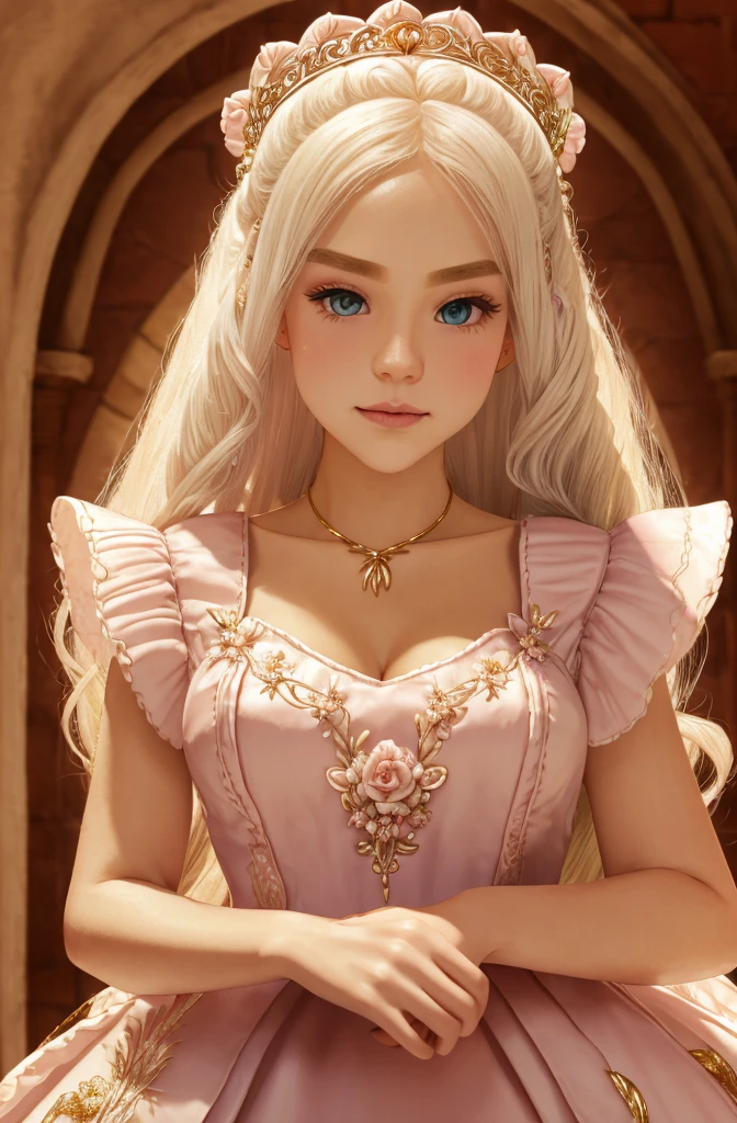 White Blonde hair, fluffy hair, stylish hair, long hair, lilac eyes, perfect eyes, beautiful, perfect face, tween, dainty , short, kind, curvy, a flowing pale airy gown with ruffles along the bottom with tiny pink flowers and gold dragon embroideries with flowers, Her tiara had a pretty teal gemstones, silver necklace, noble class, royal, royalty, red castle, feasting hall, medieval, elegant surroundings, soft dewy makeup look, light peach blush, soft tan eyeshadow, light coral lipstick, cutesy, girlish, girly, guileless, ingénue, princess , whimsical lighting, Targaryen, dragons in the sky, photorealistic