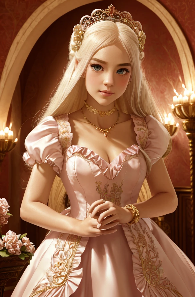 White Blonde hair, fluffy hair, stylish hair, long hair, lilac eyes, perfect eyes, beautiful, perfect face, tween, dainty , short, kind, curvy, a flowing pale airy gown with ruffles along the bottom with tiny pink flowers and gold dragon embroideries with flowers, Her tiara had a pretty teal gemstones, silver necklace, noble class, royal, royalty, red castle, feasting hall, medieval, elegant surroundings, soft dewy makeup look, light peach blush, soft tan eyeshadow, light coral lipstick, cutesy, girlish, girly, guileless, ingénue, princess , whimsical lighting, Targaryen, dragons in the sky, photorealistic