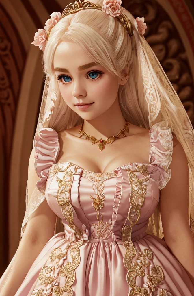 White Blonde hair, fluffy hair, stylish hair, long hair, lilac eyes, perfect eyes, beautiful, perfect face, tween, dainty , short, kind, curvy, a flowing pale airy gown with ruffles along the bottom with tiny pink flowers and gold dragon embroideries with flowers, Her tiara had a pretty teal gemstones, silver necklace, noble class, royal, royalty, red castle, feasting hall, medieval, elegant surroundings, soft dewy makeup look, light peach blush, soft tan eyeshadow, light coral lipstick, cutesy, girlish, girly, guileless, ingénue, princess , whimsical lighting, Targaryen, dragons in the sky, photorealistic
