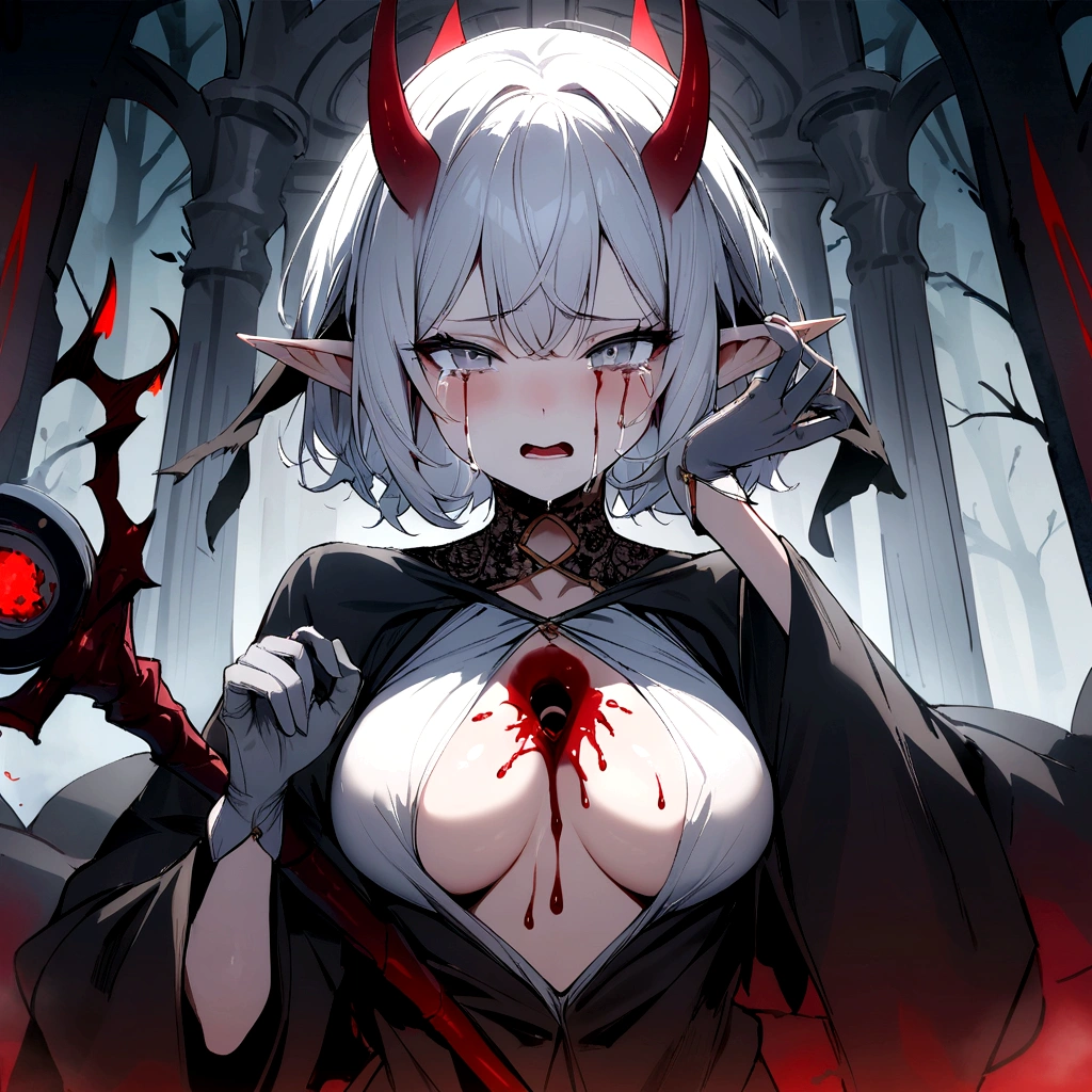 Masterpiece, 4k, high quality, 1 girl,white short hair with blue flame highlights , white horns, crying angry expression ,black patterned assassin's robe, grey gloves, great mage staff, elf ears, pale white eyes , in the a mystical forest, in front of the gates of hell , bleeding neck  , hole in chest dripping blood, tore garment, crown of blood on top of her head, making hand signs , twinkles around her , steam evaporating from her body, demons around her 