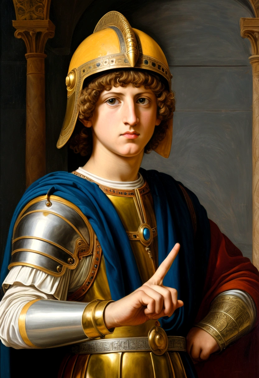 Ptolemy XIII Theo Philopator, pointing as if he were judging someone, portraying what it was like, a painting, with a Galea helmet on his head, with no one in the background, Renaissance he is 15 years old, he is facing the viewer
