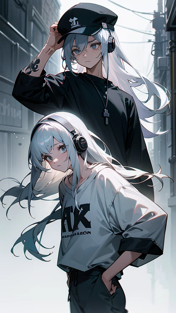 “Create a high-resolution image of a character with long silver hair wearing a cap. The character’s hair is tied and falling down from the back of the cap. They are dressed in an off-shoulder black shirt with the word ‘ROCK’ in white letters on the chest. The character has tattoos on their arm and is wearing loose-fitting gray cargo pants. They are also wearing headphones. The background is a dimly lit alleyway.”