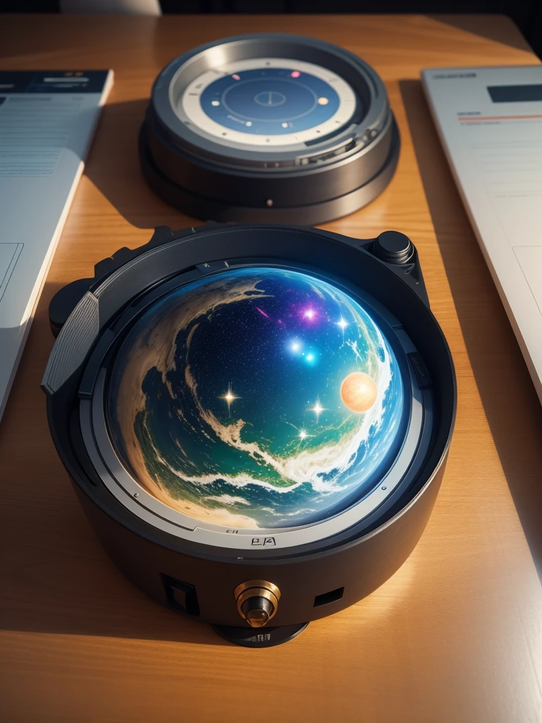 Create a holographic Sci-fi Datapad with text and images of planets on a table.