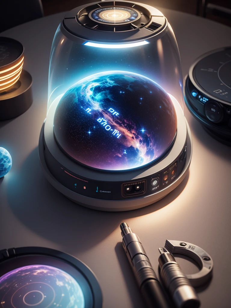 Create a holographic Sci-fi Datapad with text and images of planets on a table.