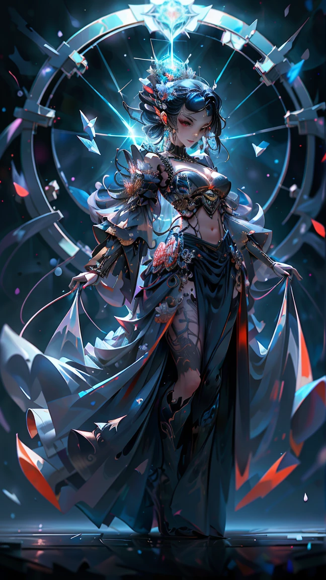 32K Ultra HD, highly detailed, denoising of strength:1.45, Abstraction, Oil, Sketch((best quality)), ((masterpiece)), highres, original, extremely detailed wallpaper,an extremely delicate and beautiful,illustration,cinematic lighting, volume lighting, bloom effect, light particleest quality), (Masterpiece), (An extremely detailed beauty:1.2),(Full body Villain posing:1.5), (cartoony:1.32), (colorful:1.2), Dynamic angle, (extremely detailed CG unity 16k wallpaper:1.1), (Denoising strength: 1.45), (tmasterpiece:1.37), beautiful detailed glow, detailed , beautiful detailed water, red moon, (magic circle:1, 2), (beautiful detailed eyepressionless, beautiful detailed white gloves, own hands clasped, (floating palaces:1.1), azure hair, disheveled hair, long bangs, hairs between eyes, dark dress, (dark magician girl:1.1), black kneehighs, black ribbon, white bowties, midriff, {{{half closed eyeig forhead, blank stare, flower, large top sleeves, illustration, god rays, sparkle, glowing light, (((masterpiece))), best quality, pixelated fragments, data corruption,colorful noise, visual chaos,contemporary aesthetics, blink-and-you-miss-it detail, richard phillips, dark magenta and orange, woodland goth, pierce brosnan, drip painting, metaphor for death concurring all, Mixed media, Texture, Contrast, Depth, Creativity, Imagination, Ceramic, Cerulean, Vermilion, Impasto, Glaze, Grayscale, Fauvism, Renaissance,, fractal art:1.35, side lighting, sparkle, god rays, ray tracinasterpiece)), perfectly detailed best quality, UHD, 32K, HD, unity, High resolution, best quality, masterpiece , wallpaper, masterpiece —chaos 45 —s1000 , (best shadow), elegant, volumetric lighting ultra wide field of view, ultra high definition quality, high detail, aesthetics, natural lighting, ultra high quality, depth of detail, level of detail, high quality, high-definition , realistic rendering, curvy, round breasts, deep cleavage