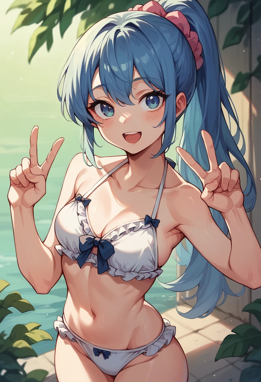 cute girl in ponytail wearing cute frilly bikini winking at you, peace sign