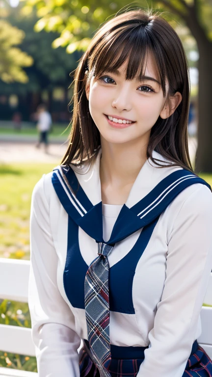 (8K), (Highest quality: 1.2), (Realistic), (Realistic: 1.37), Ultra-high resolution, 1 Girl,16 years old, Big smile,blue eyes, Has a duck mouth, Beautiful details, Beautiful Nose, Wet Hair, Giant Dulcefo, pork, Thighs,Self Snap,University Uniforms,sunny day,sitting on a white bench in the park,Downward,(White Sailor Suit 1),(Tartan plaid pleated skirt),(The tie has a tartan check pattern..:1.3)スカートとThe tie has a tartan check pattern..:1.3)Knee-high tights,Young and cute gravure idol,