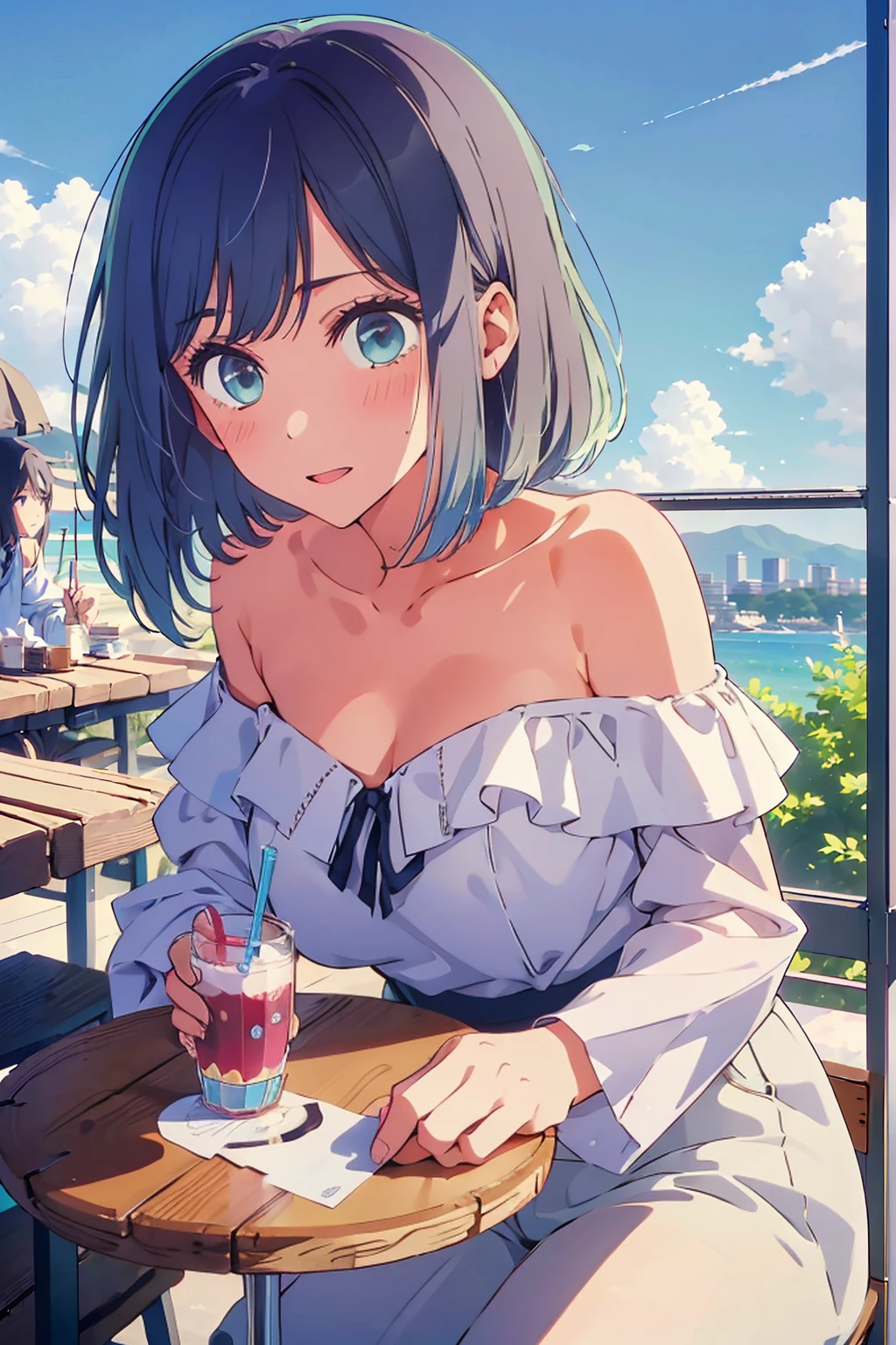 (Highest quality:1.4、8K:1.4、detailed)、F cup bust、Big Breasts、Slim body、Very white beautiful skin、((((1 person、Surprised expression、sit、Chair、In the background are the urban buildings of Tokyo、looking at the camera、Outdoor café terrace、coastal、Navy hair color、juice、Shooting up close、table、Very cute face))))、(Pose of putting hair behind ears with hands:1.4)、((((Areola、Off the shoulder))))、nude、Very blue sky、A completely cloudless sky