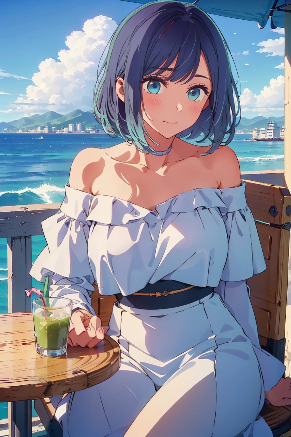 (Highest quality:1.4、8K:1.4、detailed)、F cup bust、Big Breasts、Slim body、Very white beautiful skin、((((1 person、Surprised expression、sit、Chair、In the background are the urban buildings of Tokyo、looking at the camera、Outdoor café terrace、coastal、Navy hair color、juice、Shooting up close、table、Very cute face))))、(Pose of putting hair behind ears with hands:1.4）、((((Areola、Off the shoulder))))、nude、Very blue sky、A completely cloudless sky