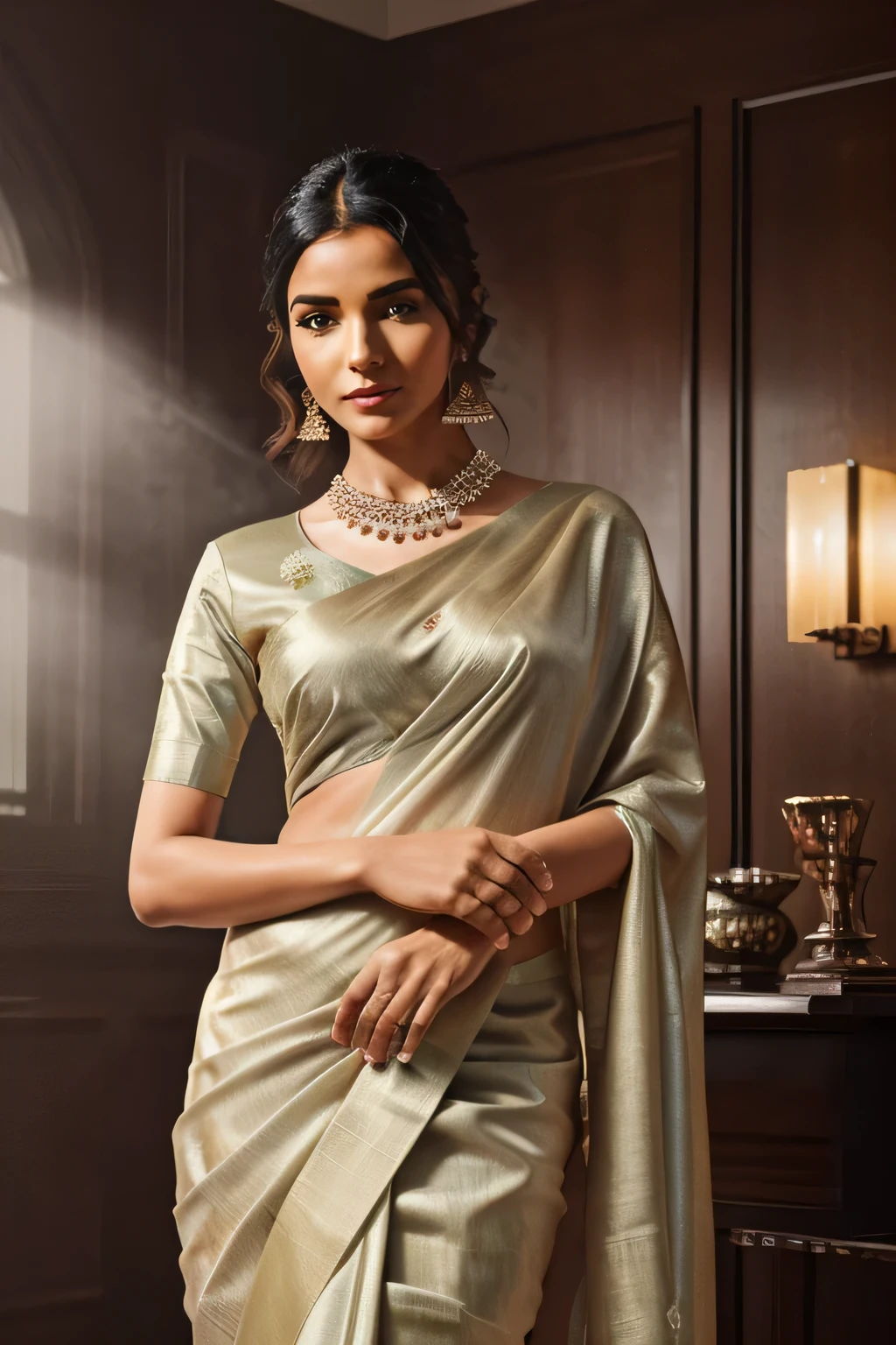 In this photograph, an Indian Instagram female model in her mid-20s takes center stage. She has curly hair, styled in a classic bun with jasmine flowers. Her highly detailed face exudes warmth with a smile. The background showcases a 5-star hotel’s moody private study, evoking a sense of luxury and sophistication. The photograph, captured by Lee Jeffries using a Nikon D850 with a film stock of 4 Kodak Portra 400 and a camera f1.6 lens, displays rich colors, hyper-realistic and lifelike texture, dramatic lighting, and realistic detail.

The model wears an elegant and sophisticated traditional violet saree. The saree features a vibrant and intricate design with rich colors and detailed patterns, draped gracefully around her. Her blouse is short-sleeved with intricate embroidery and beadwork, complementing the saree’s luxurious fabric. She adorns herself with traditional jewelry, including bangles, earrings, and a necklace.

The photograph is meticulously captured in 8K resolution using cutting-edge techniques such as Cinema 4D and Octane Render, resulting in a highly detailed and photorealistic image. Studio lighting, HDR, and a smoky mist create a captivating ambiance, while the bokeh effect adds an artistic touch.