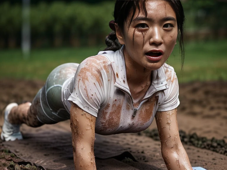 (A plain white short sleeved, very  half zip, soiled gym uniform:1.7)、(A large, dirt-stained, white, square collar: 1.6)、(Red clay ground:1.5)、My hair is wet and messy、(Beautiful Japanese woman covered in dirt:2.0)、Highest quality, masterpiece, Ultra-high resolution, Photorealistic, Raw Photos,Detailed face,(Muscular woman:1.4), (Fastener open: 1.8), (Upper body zoom up:1.0),(Everyone wears the same clothes:1.0), (buruma: 1.8), All members are super beauties, (A beautiful Japanese woman is doing push-ups while sweating: 1.7), (Hair tied up: 1.4), (Exhausted expression:1.5), Bright photo, (My whole body is soaked with sweat: 1.3), (Covered in mud: 1.4)
