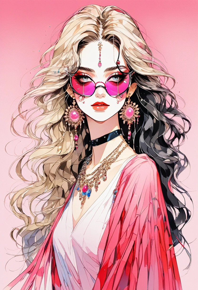 (Highest quality:0.8), (Highest quality:0.8), Perfect illustration,Beautiful woman portrait、One girl, bangs, Black nails, Blonde, , clavicle,  Earrings, Fashion G,  jewelry, looking at iniewer, , Manicure, necklace,  Long Hair,  sleeines past wrists, 一人in, Both sides up, Upper Body, in, Pop Background、Droopy eyes、summer、Pink gradient background、金色イブニングdress、派手なMasquerade Mask、Celebrities、dress、風in髪が舞う、Masquerade Mask、Masquerade Mask、Masquerade Mask、Masquerade Mask、