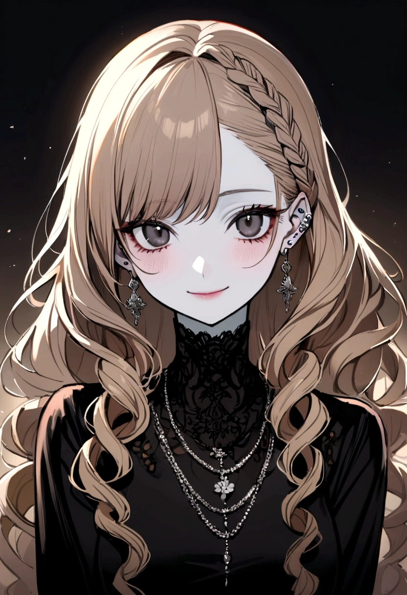 1 girl (modern clothing) (dark honey eyes with contrast to her white skin and light brown hair with curls and long hair with a braid) (She has simple earrings and a delicate flower-shaped necklace) (happy look and cute smile looking at) 1 chico (dark brunette with black eyes and black curly hair) (a piercing in his right ear and a silver chain) (slit and tired eyes with dark circles) 