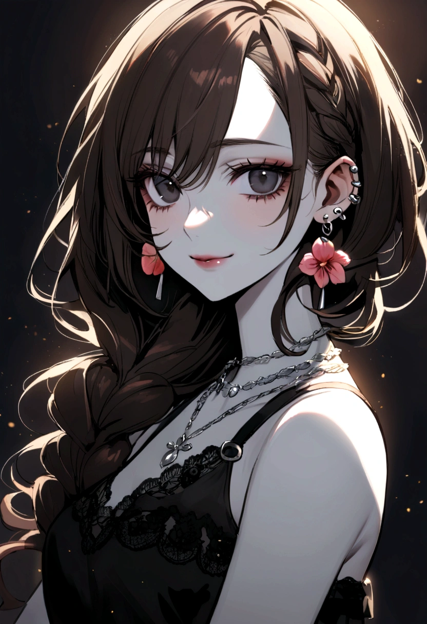1 girl (modern clothing) (dark honey eyes with contrast to her white skin and light brown hair with curls and long hair with a braid) (She has simple earrings and a delicate flower-shaped necklace) (happy look and cute smile looking at) 1 chico (dark brunette with black eyes and black curly hair) (a piercing in his right ear and a silver chain) (slit and tired eyes with dark circles) 