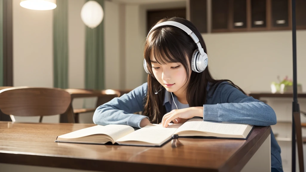 Beautiful girl studying while listening to music with headphones。Illustrated style