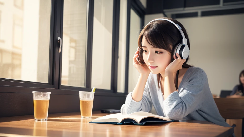 Beautiful girl studying while listening to music with headphones。Illustrated style