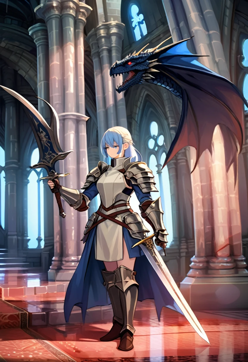 RPG-style, a female swordsman, stands in the dimly lit halls of an ancient castle, woman with dragon horns and dragon tail (midnight blue color) standing with two long swords, long leather coat with two small metal shoulder pads, cream-colored dress with belts, long boots, walking with swords in hand, on the floor lifeless bodies of soldiers in armor with faces hidden by helmets