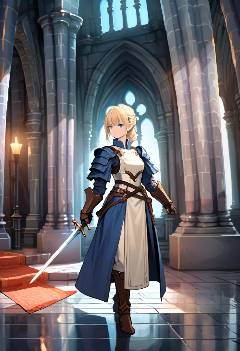 RPG-style, a female swordsman, stands in the dimly lit halls of an ancient castle, woman with dragon horns and dragon tail (midnight blue color) standing with two long swords, long leather coat with two small metal shoulder pads, cream-colored dress with belts, long boots, walking with swords in hand, on the floor lifeless bodies of soldiers in armor with faces hidden by helmets
