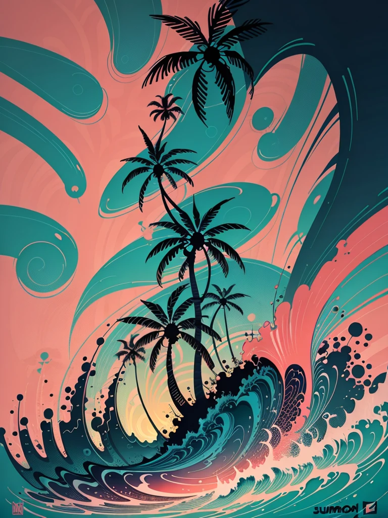2d vector illustration, tshirt design for summers, palm trees, (surf: 1.1), (combi), sunrays, (best quality, masterpiece: 1.3), minimalist, (8 colors)