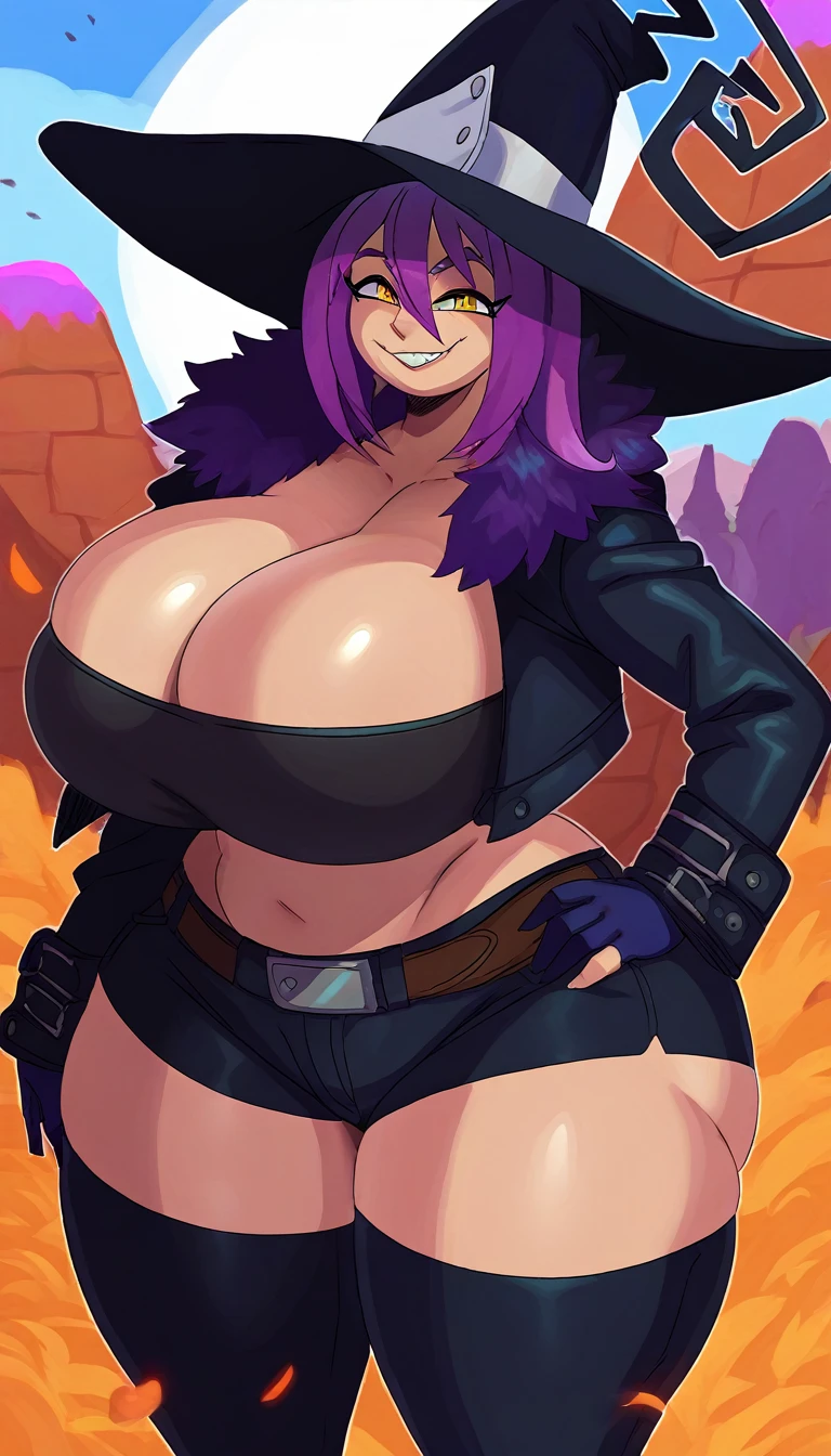 score_9, score_8_up, score_7_up, source_anime, solo, 1girl, seblair, smile, looking at viewer, hand on hip, witch hat, fur trim, black jacket, cropped jacket, tube top, black shorts, curvy, huge breasts,black thighhighs, upper body, cleavage, outdoors S2Z0n1c21.5XL style,