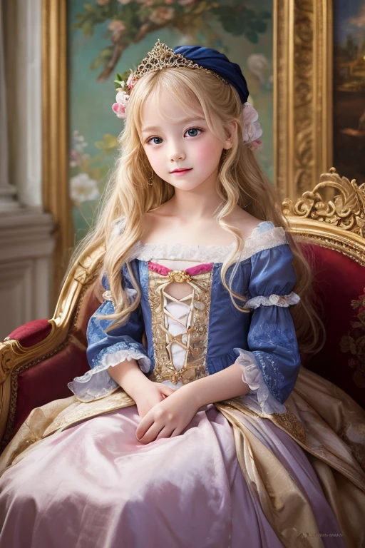 A 6-year-old beautiful girl painted in an oil painting style reminiscent of an impressionist painting. She is fair-skinned and, With long blonde hair、She is wearing a gorgeous Rococo dress. The backdrop is a magnificent, gorgeous, cinematic palace.
