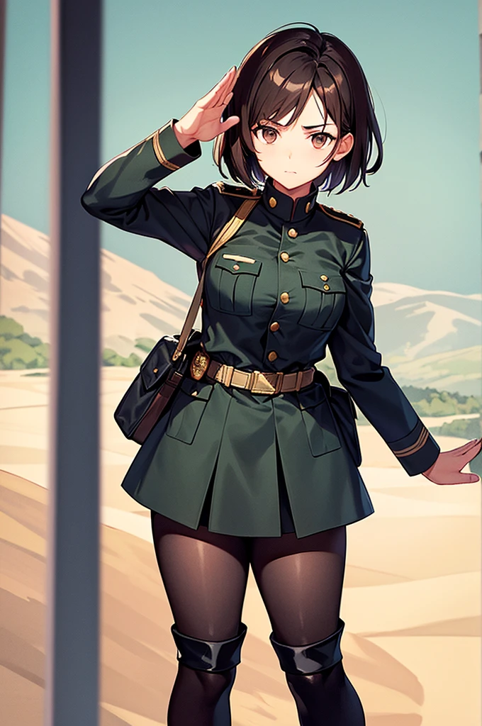Content:
A black, female general with brown hair and brown eyes. Her uniform takes loose inspiration from German military uniforms, without any medals or a hat. She is saluting to the camera with a confident look in her eyes. She looks serious. Her left hand is behind her back. She is BLACK!!!! BLACK! Please make sure she has black skin
Medium:
Digital art, anime illustration.
Lighting:
Soft, natural lighting to emphasize her features and the details of her uniform, creating a balanced and realistic look.
Colours:
A palette of military greens and browns, with subtle highlights to bring out the texture of the uniform and the character's features. The background is a desert setting.
Composition:
A full-body shot, showcasing the character's mature look. She stands confidently, with her hand raised in a salute, and the desert landscape in the background.