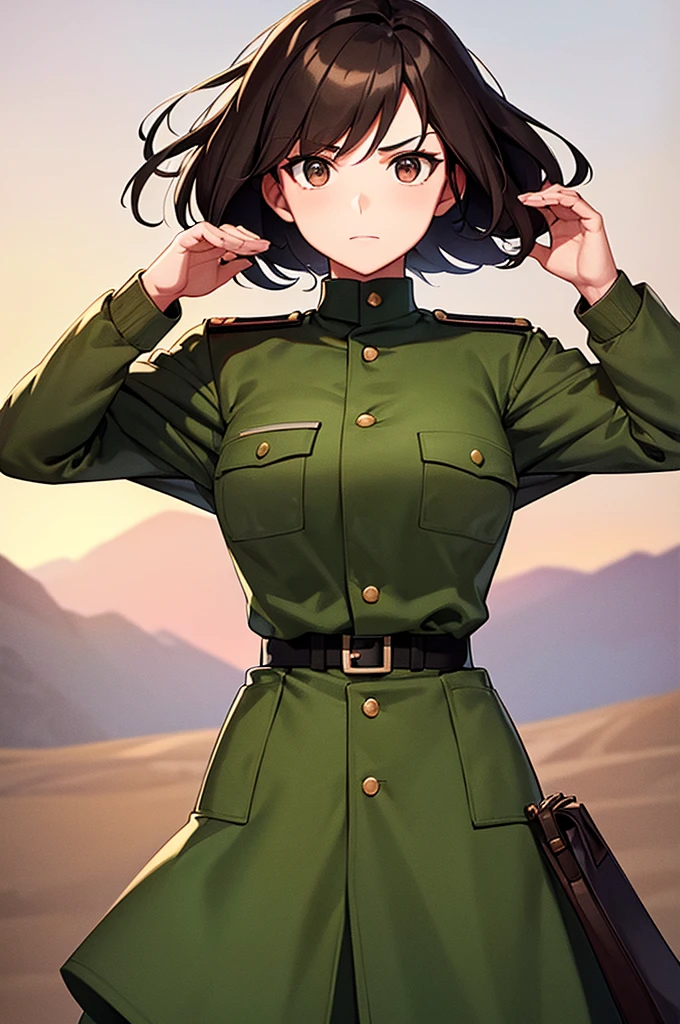 Content:
A black, female general with brown hair and brown eyes. Her uniform takes loose inspiration from German military uniforms, without any medals or a hat. She is saluting to the camera with a confident look in her eyes. She looks serious. Her left hand is behind her back. She is BLACK!!!! BLACK! Please make sure she has black skin
Medium:
Digital art, anime illustration.
Lighting:
Soft, natural lighting to emphasize her features and the details of her uniform, creating a balanced and realistic look.
Colours:
A palette of military greens and browns, with subtle highlights to bring out the texture of the uniform and the character's features. The background is a desert setting.
Composition:
A full-body shot, showcasing the character's mature look. She stands confidently, with her hand raised in a salute, and the desert landscape in the background.