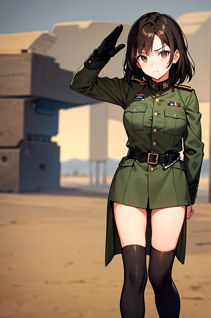 Content:
A black, female general with brown hair and brown eyes. Her uniform takes loose inspiration from German military uniforms, without any medals or a hat. She is saluting to the camera with a confident look in her eyes. She looks serious. Her left hand is behind her back. She is BLACK!!!! BLACK! Please make sure she has black skin

Medium:
Digital art, anime illustration.

Lighting:
Soft, natural lighting to emphasize her features and the details of her uniform, creating a balanced and realistic look.

Colours:
A palette of military greens and browns, with subtle highlights to bring out the texture of the uniform and the character's features. The background is a desert setting.

Composition:
A full-body shot, showcasing the character's mature look. She stands confidently, with her hand raised in a salute, and the desert landscape in the background.