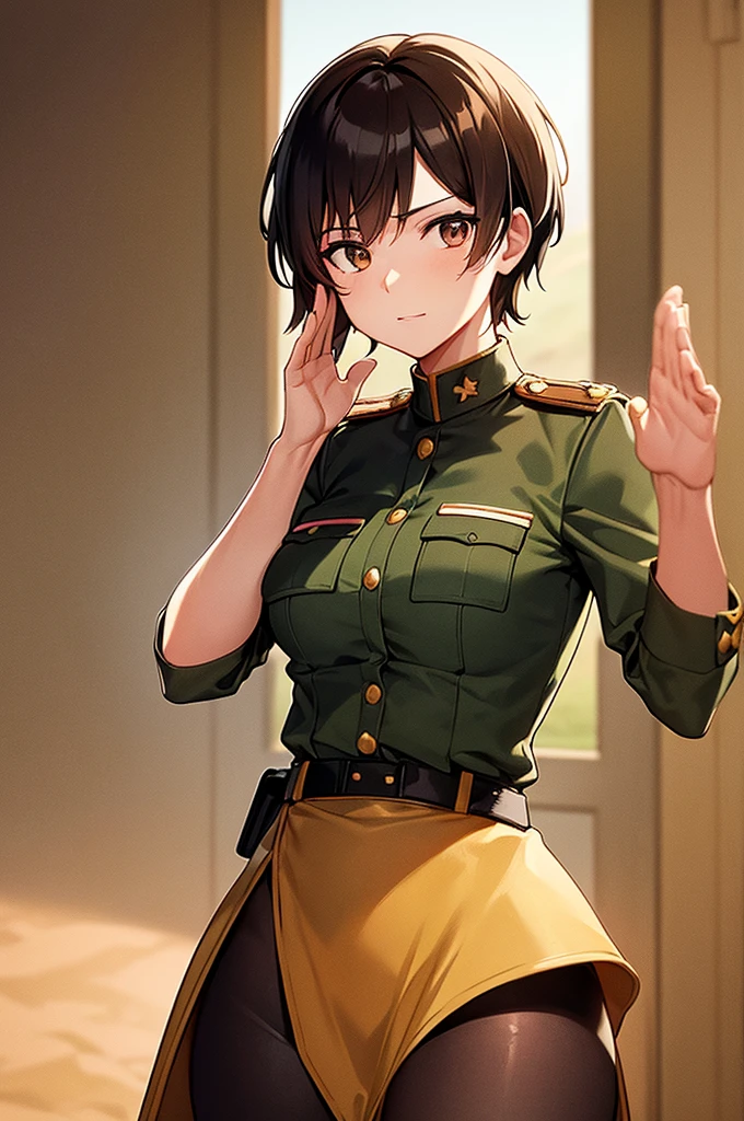 Content:
A black, female general with brown hair and brown eyes. Her uniform takes loose inspiration from German military uniforms, without any medals or a hat. She is saluting to the camera with a confident look in her eyes. She looks serious. Her left hand is behind her back. She is BLACK!!!! BLACK! Please make sure she has black skin

Medium:
Digital art, anime illustration.

Lighting:
Soft, natural lighting to emphasize her features and the details of her uniform, creating a balanced and realistic look.

Colours:
A palette of military greens and browns, with subtle highlights to bring out the texture of the uniform and the character's features. The background is a desert setting.

Composition:
A full-body shot, showcasing the character's mature look. She stands confidently, with her hand raised in a salute, and the desert landscape in the background.