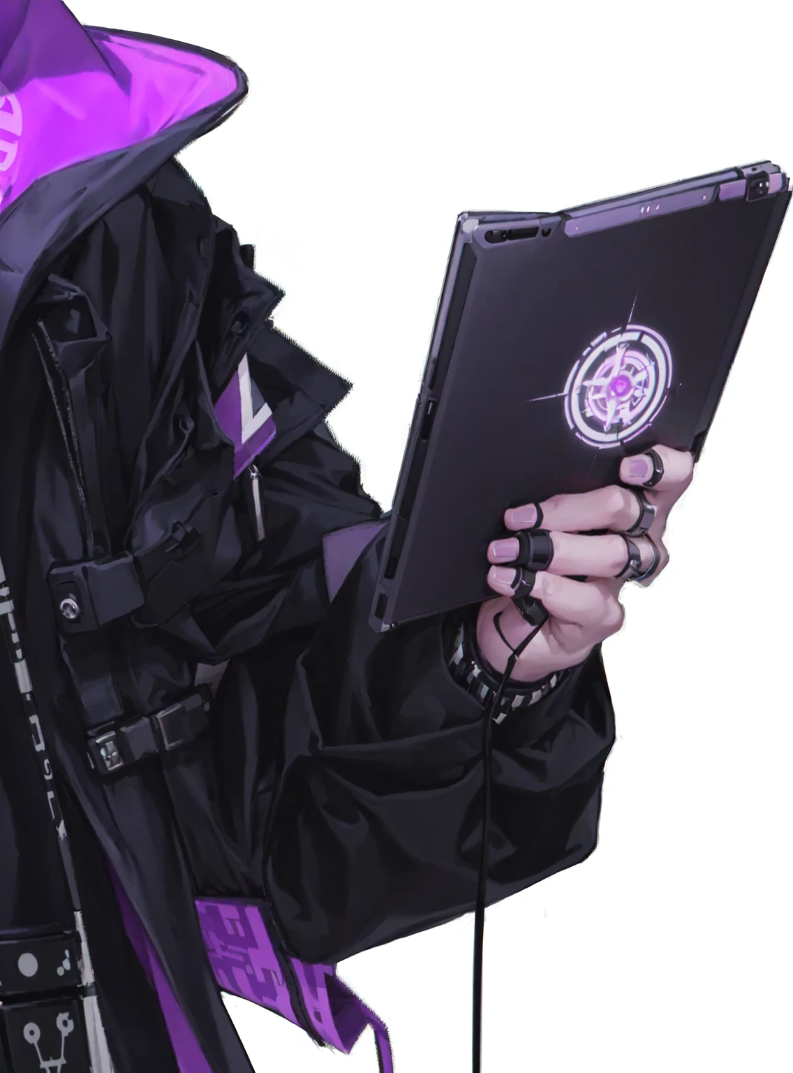 Purple hair anime character holding a tablet, cyberpunk monocle!, Digital art from danganronpa, Holding a magic book, Detailed anime character art, Eye-catching and detailed art style, Cyberpunk buddy, Additional detailsMore details, Modern Cyberpunk Anime, Trigger anime art style, Detailed key animation art, Sharp RPG portraits, Detailed digital anime art, Cyberpunk accessories