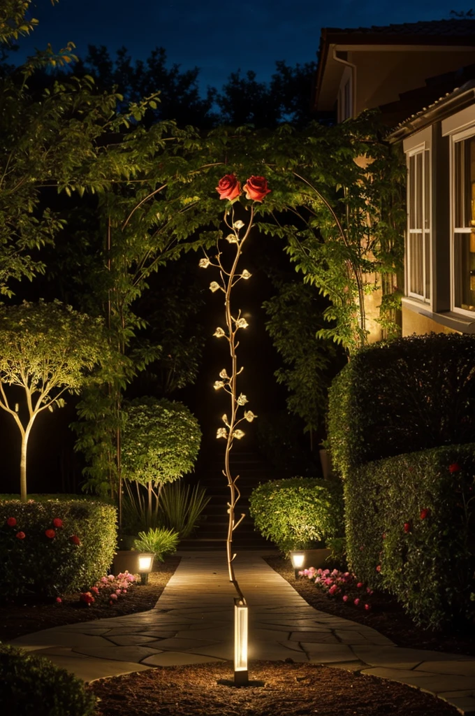 A sculpture in the shape of a rose branch with lighting for garden