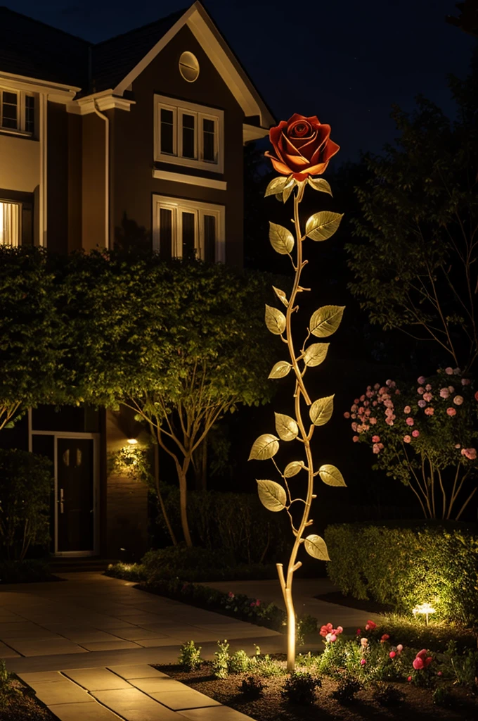 A sculpture in the shape of a rose branch with lighting for garden 