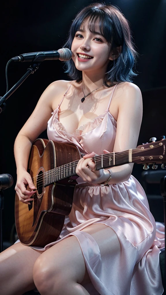 ((best quality)), photorealistic, photorealism, Photorealistic, high resolution, ((Wearing sexy pink satin dress, sexy dress, cleaveage, seductive dress, strap down))、smile、A superb beauty、Super cute、ennui、Rare beauty、Very Short hair、Black Dark Eyeshadow、Sad、white skin、pale skin, Very short hair layered、Dark Gothic Makeup、Cute Smile、Fragrant beauty、Stained glass background、Mastepiece、Best Quality、Refers to 5 books、Sweat glistening on my chest、Sweat glistening on my face、Medium breasts、Blue hair、Age 20 years old、Mysterious look、A sad expression、Blue Hair、Glamorous concert stage、enchanting castle、Sweating profusely all over the body、A lot of sweat and light on the thighs、Shiny thighs、Plenty of sweat glistening on the thighs、A large amount of sweat glistens on my thighs、Sweating profusely、Gal、Medium breasts、Beautiful face、Alluring expression、Sitting、Sitting playing guitar、Thick thighs、Playing guitar、I have a guitar、Sing a song enthusiastically、Playing guitar in a band、Rock band、Playing guitar chords、Live House Background、Sing a song、Open your mouth、Live house scenery、Mic stand、Glamorous live stage、Dynamic Angle、Cinematic lighting
