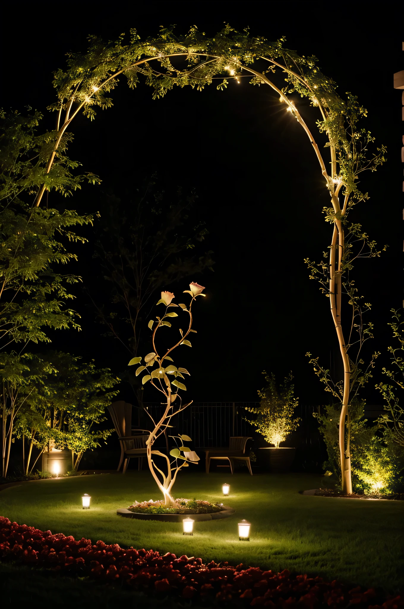 A sculpture in the shape of a rose branch with lighting go garden 