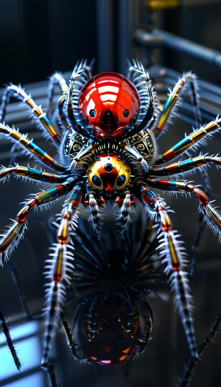 There is no one, Reality Photos, Reality Photos, Realistic photo of a spider-like creature, spikes, multi-colored shiny fur, strange and, Surreal and, the other world, A robotic factory with a shiny assembly plant, intricate details, very sharp, Sophisticated details, Flawless composition, vivid colors, masterpiece, futuristic, metal decoration, The shiny red interior is empty., polished, ray tracing