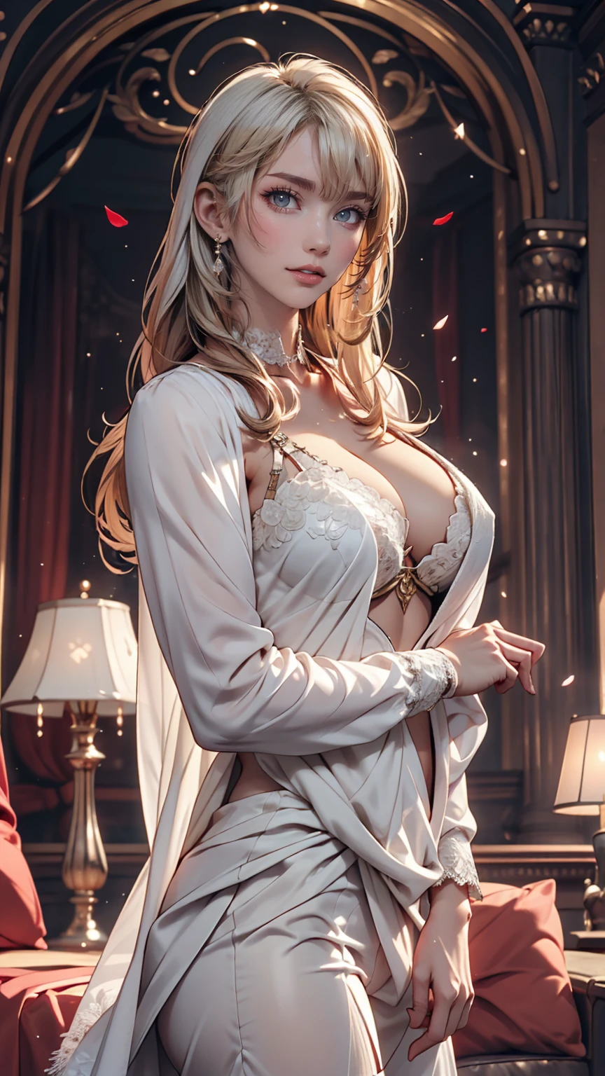 masterpiece, Highest quality, (alone focus), (Perfect Face:1.1), (High detail:1.1),dramatic, 1 person, (Pale skin), Long white hair, White eyes, [Thin eyebrows], alone, Venetian Mask, White luxury suit, Covered navel, Pouting, Covered, Ballroom, Detailed Background, art：artgerm と greg rutkowski,  Cinema Lighting, rose